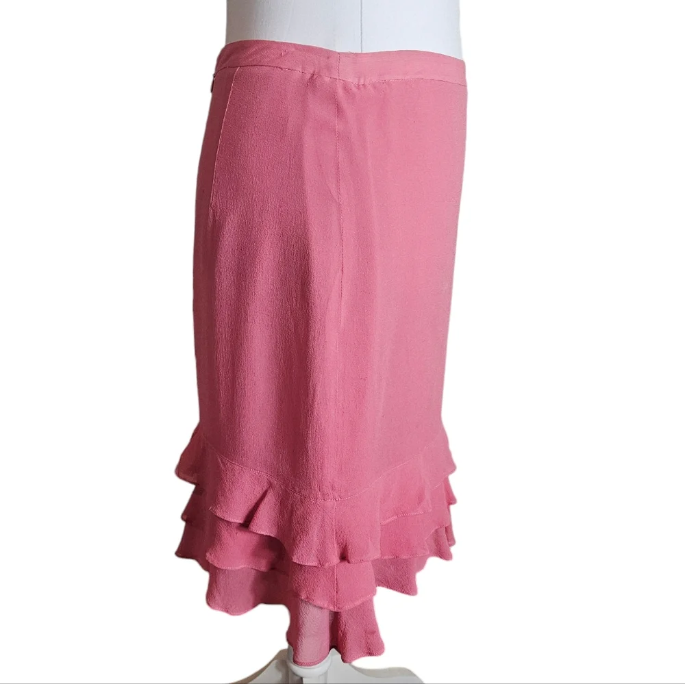 Express Pink 100% Silk Pencil Skirt Sz 6 Tier Ruffle Hem Lined Barbie Workwear